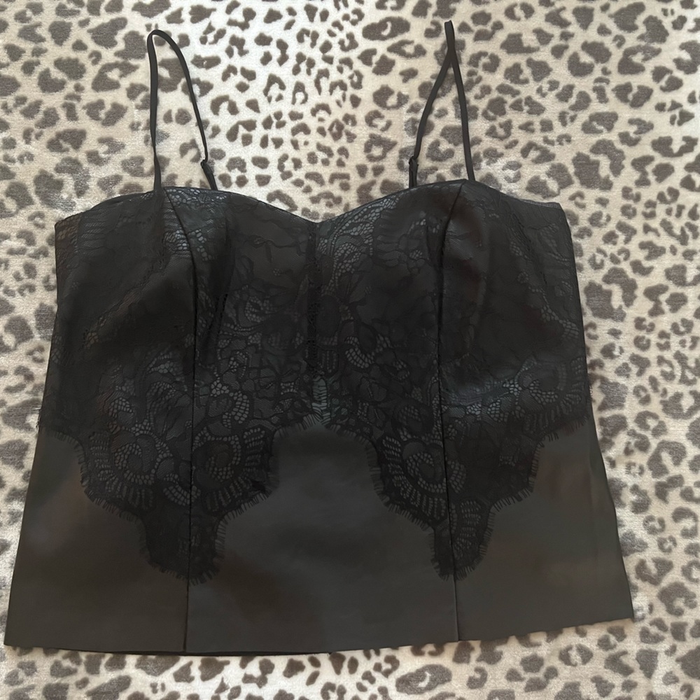 BLACK FAUX LEATHER LACE THIN STRAP TOP - Picture 1 of 8